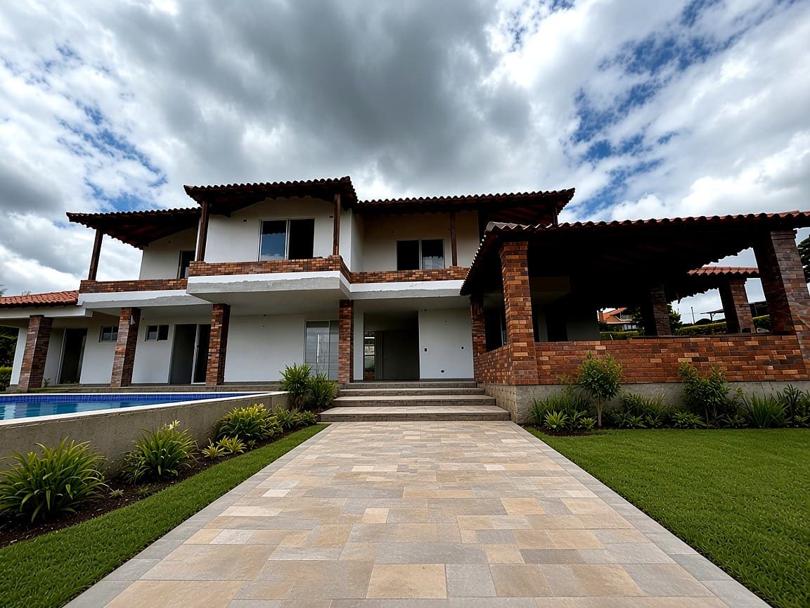 Two-storey country house façade in Pueblito Acuarela, Floridablanca