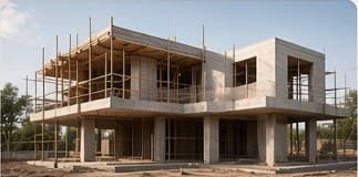 Concrete house under construction with scaffolding (sample image)
